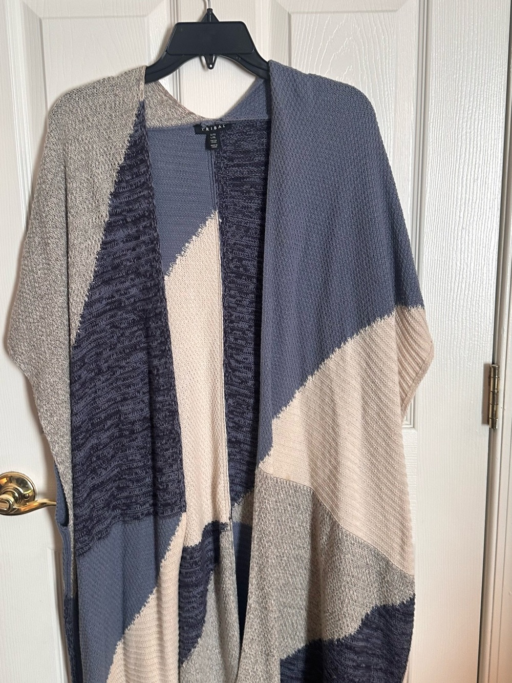 Tribal Colorblock Open-Front Knit Wrap - Blue, Cream & Gray